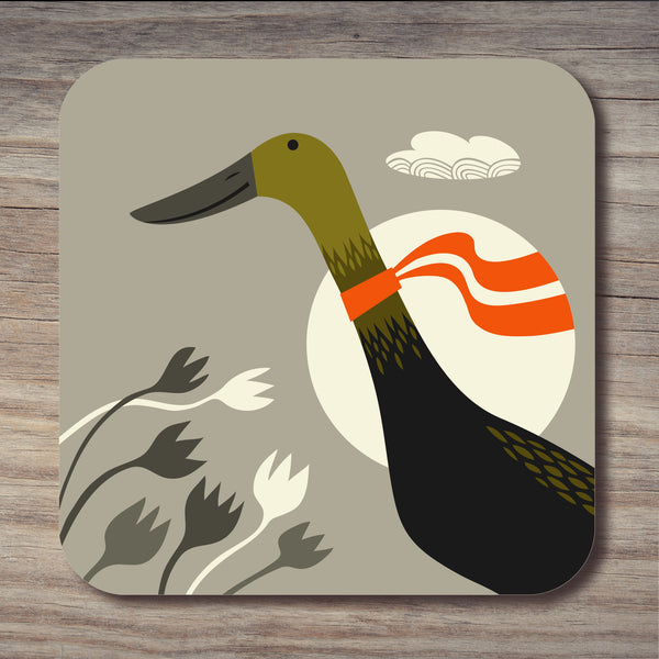 Black and green Indian runner duck design on a coaster by Rollerdog