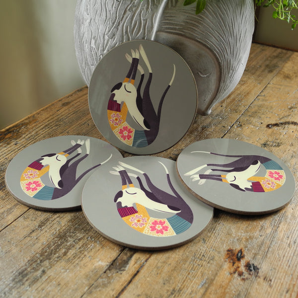 A set of Rollerdog Fred the Whippets coasters
