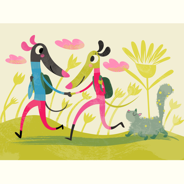 Trotting - an illustration by Rollerdog,which pictures two hounds holding paws followed by a  grey cat, whilst on a hike