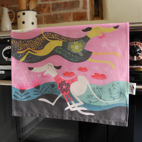 Zoomies tea towel in the kitchen by Rollerdog